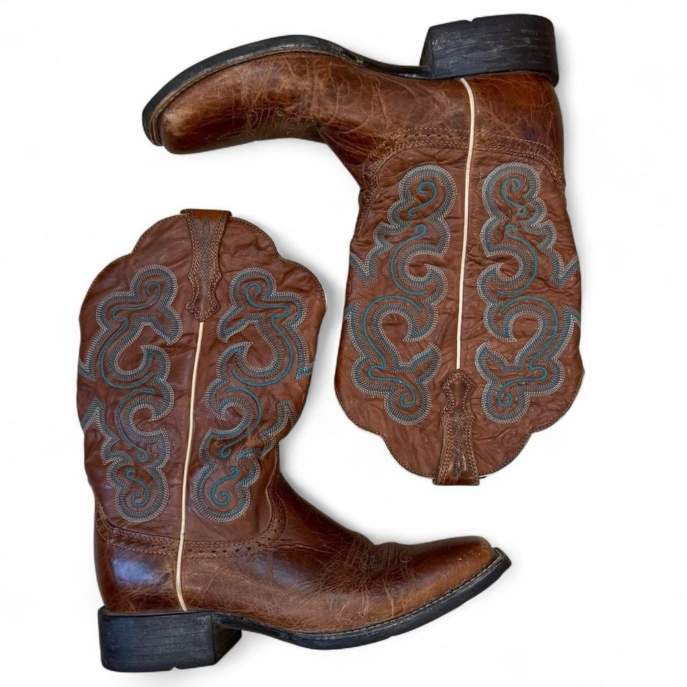 Ariat Blue Embroidered Brown Quickdraw Boots Women's Size 9B Square Toe Western